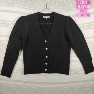 Marled Black Fuzzy Cardigan Sweater Puff Sleeve Shiny Buttons Size L NEW